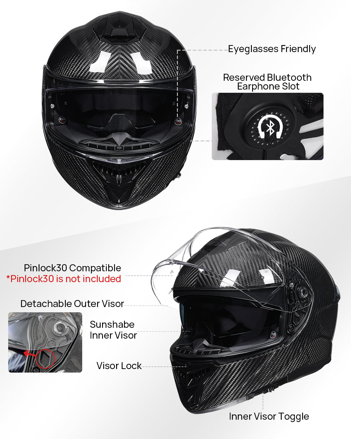ILM Motorcycle Full Face Helmet 861C: Carbon Black - Lightweight, Carbon Fiber, Dual Visor - DOT Certified