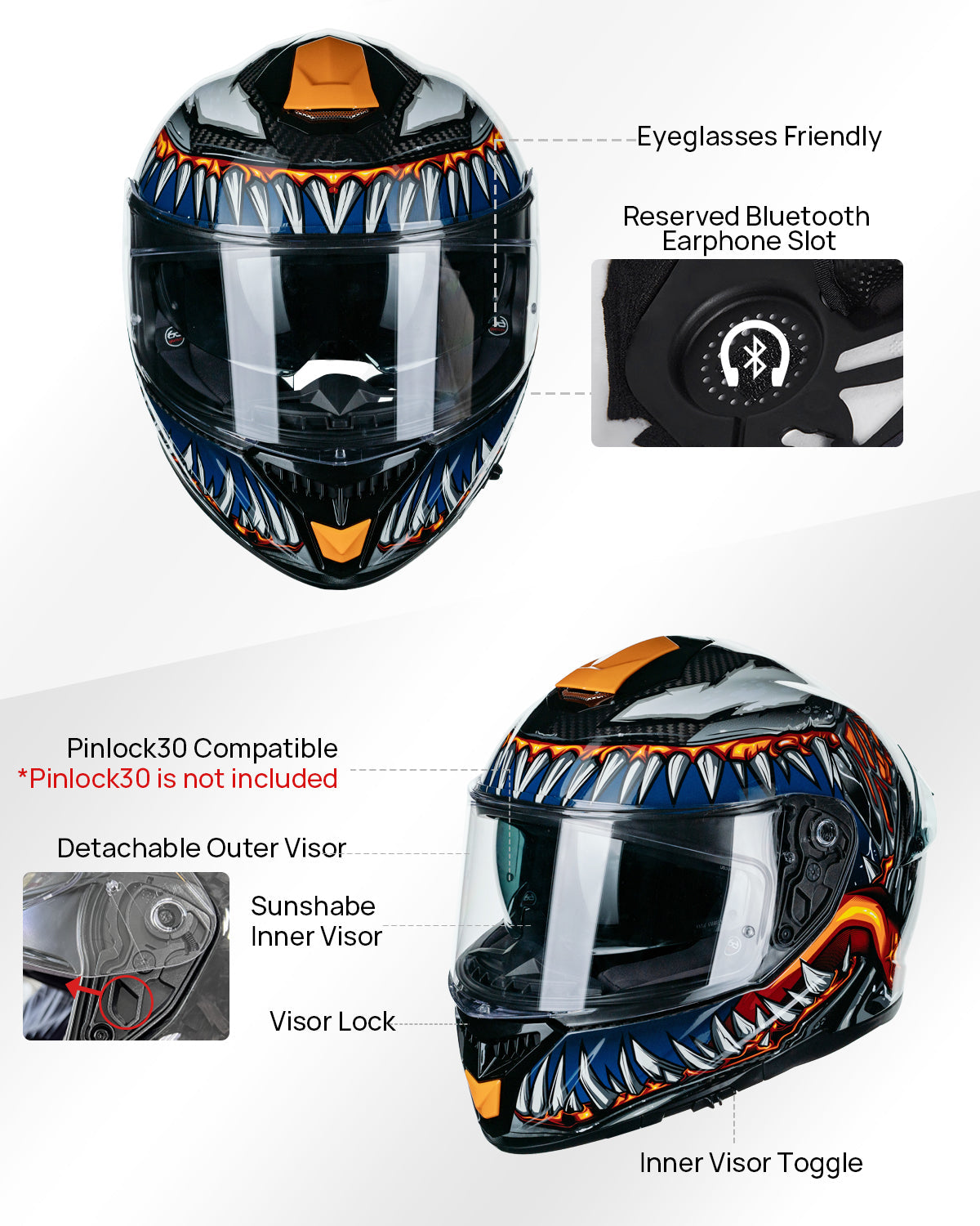 ILM Motorcycle Full Face Helmet 861C: The Night Orange - Lightweight, Carbon Fiber, Dual Visor - DOT Certified