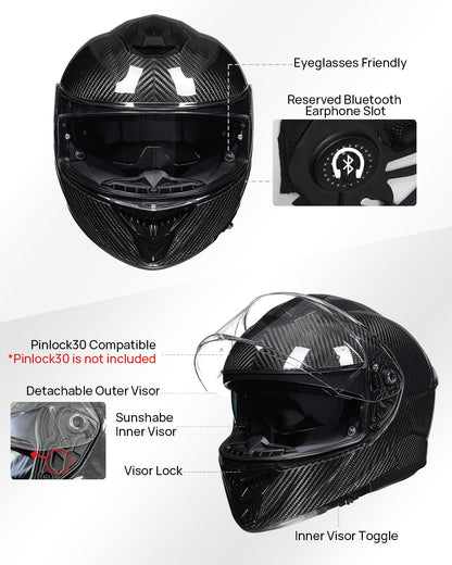 ILM Motorcycle Helmet Lightweight Carbon Fiber Full Face Dual Visor - Carbon Black - XL