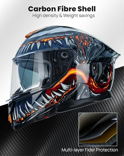 ILM Motorcycle Full Face Helmet 861C: The Night Orange - Lightweight, Carbon Fiber, Dual Visor - DOT Certified