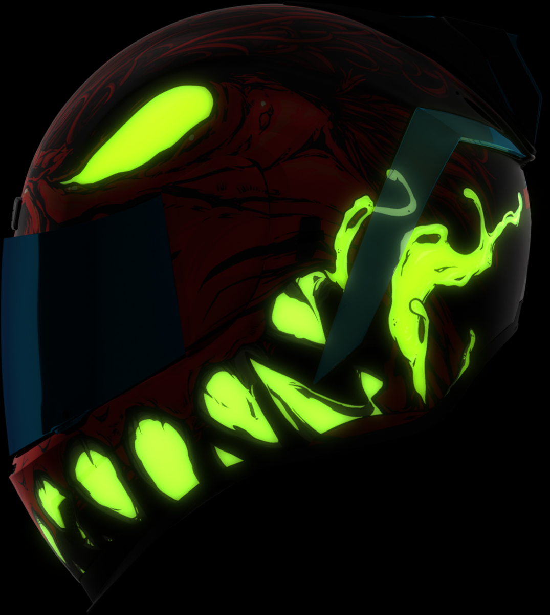 Glowing green helmet with reflective visor on a black background
