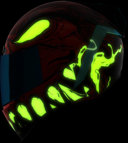 Glowing green helmet with reflective visor on a black background