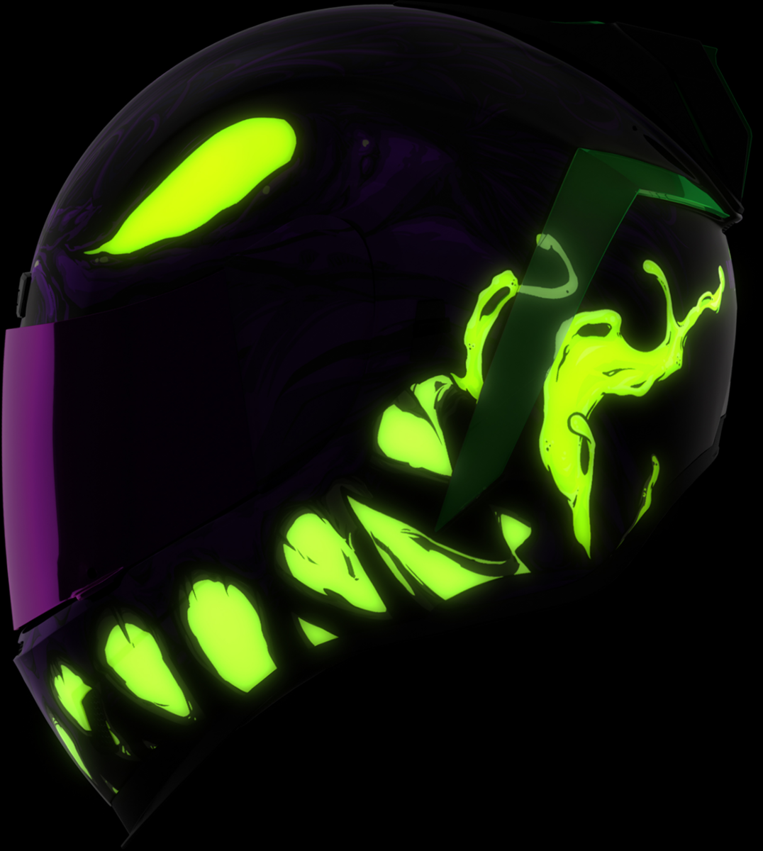 Glowing green helmet with reflective surface on a black background