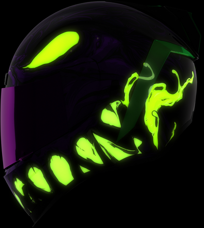 Glowing green helmet with reflective surface on a black background