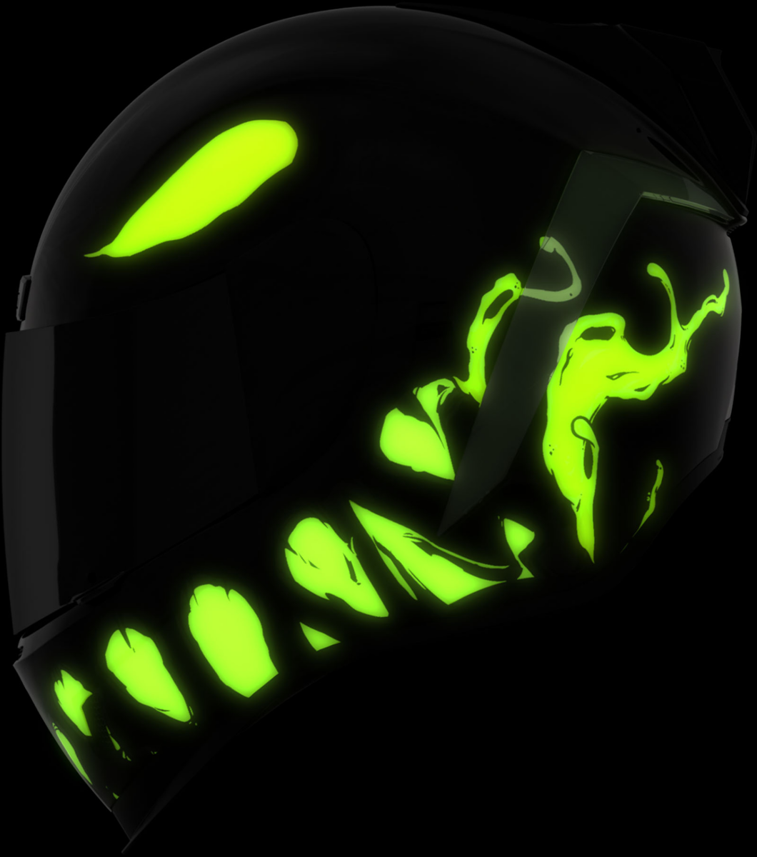 Black helmet with green glowing designs on a black background