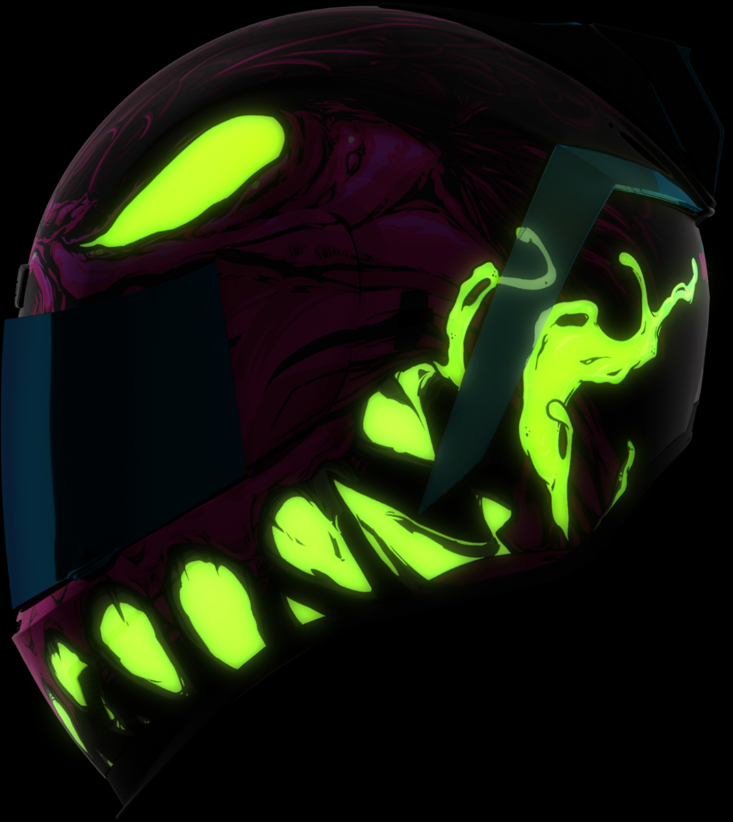 Glowing green helmet with reflective visor on a black background