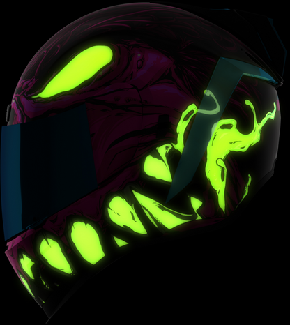 Glowing green helmet with reflective visor on a black background